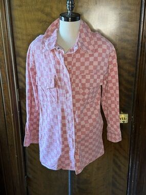 Women's Pink Checkerboard Button-Down Shirt